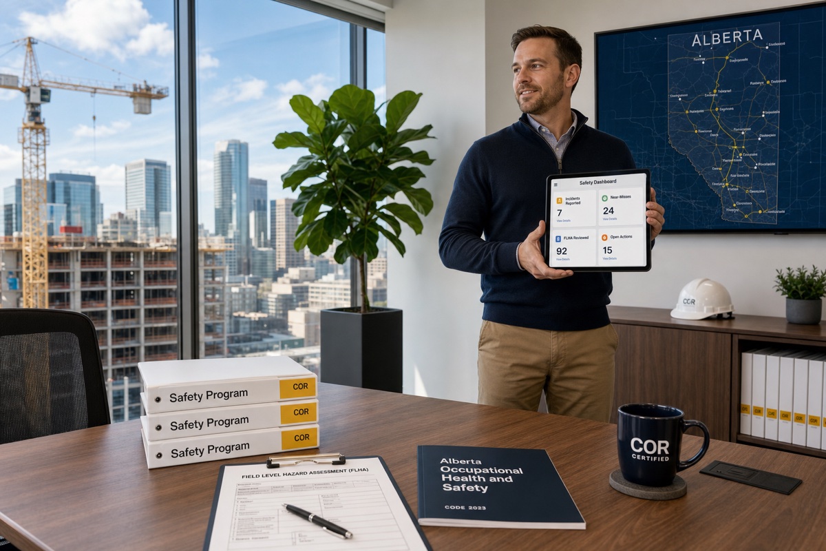Bright executive office with floor-to-ceiling windows overlooking an Alberta construction site, safety program binders and FLHA on the desk, Alberta OHS booklet, Alberta map on a wall screen, and a safety dashboard on a tablet.